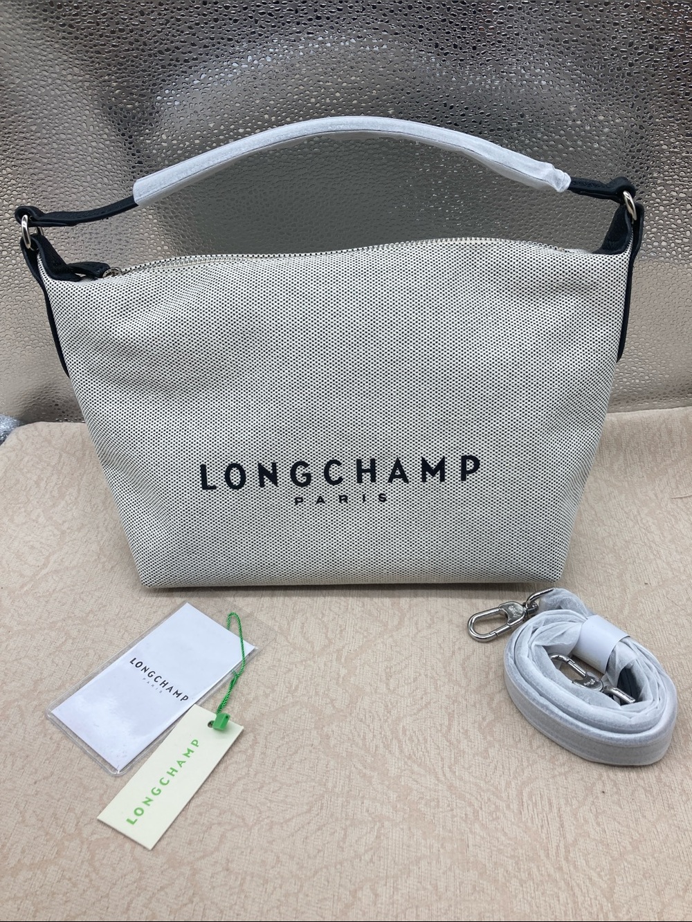 Longchamp White Canvas Logo Shoulder Bag